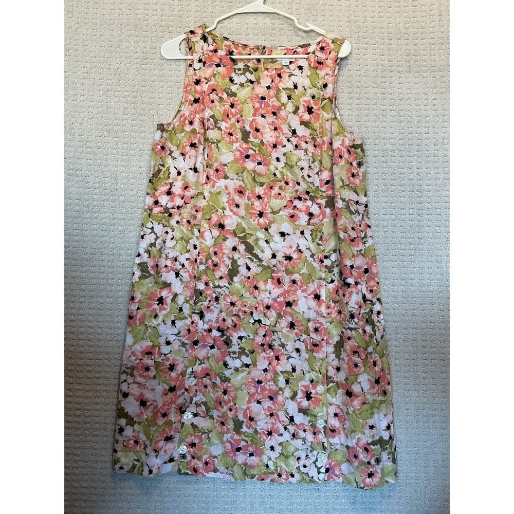 J Jill Love Linen Summer‎ Dress M Floral Peach/Green Resort Minimalist Beach